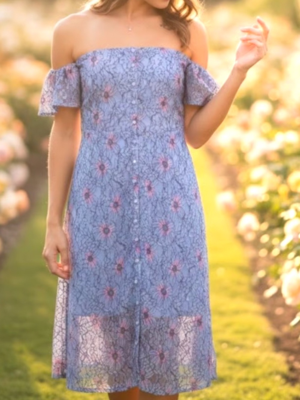 Off-Shoulder Floral Lace Midi Dress in Lavender avec les filles size 12 whimsy